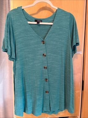 a.n.a Teal Button-Front V-Neck Short Sleeve Top